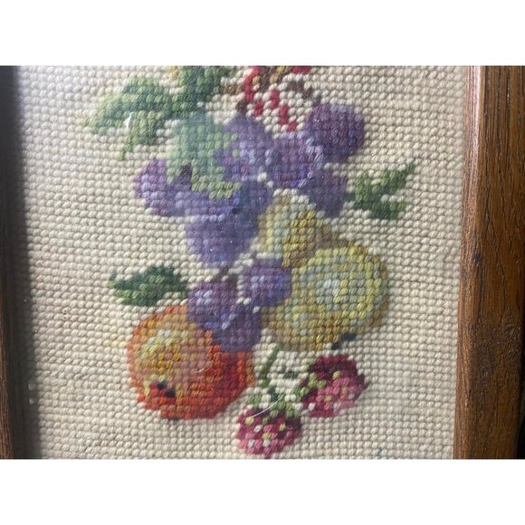 Vintage Glass-covered Wood Framed Fruit Needlepoint Art Set Of 2 Cross Stitch - Picture 2 of 5